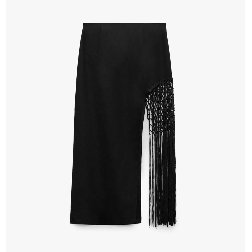 Zara NWT Black Linen Fringe Co-Ord Set Top Skirt L - Picture 14 of 16